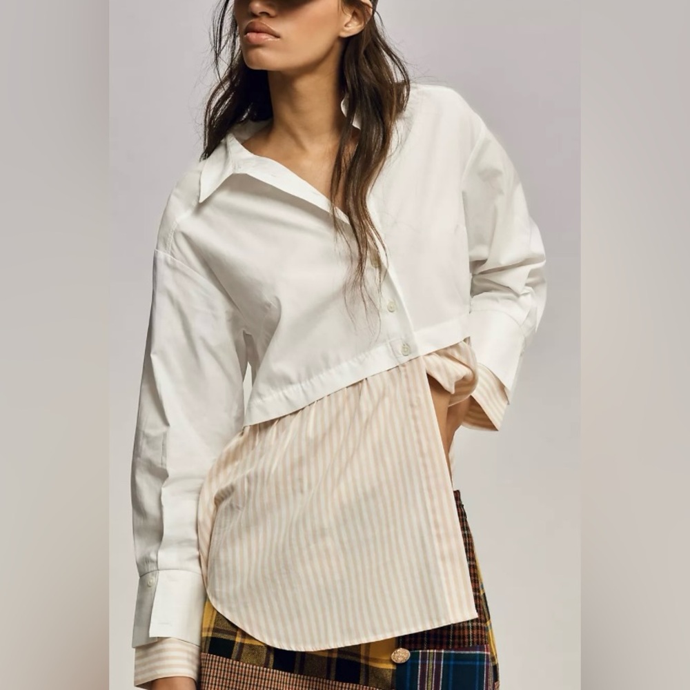 Anthropologie Two-Tone Layered White and Beige Striped Button-Up Top